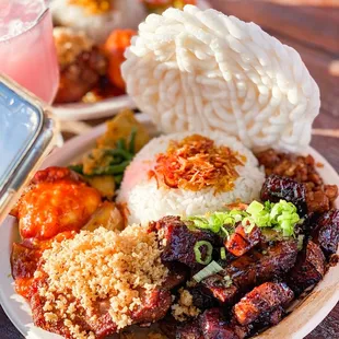 Nasi Campur with a side of pork belly