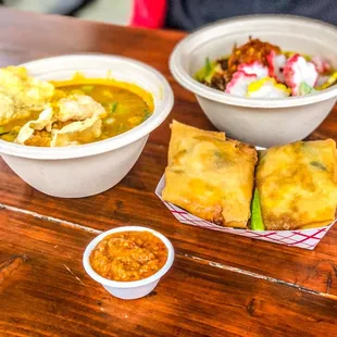 Lontong Cap Goh Meh (top right) Martabak Telor Mini (bottom right) Kari (middle left) Hot paste / chili's (bottom)