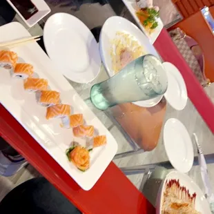 Salmon dragon roll and appetizer crab salad