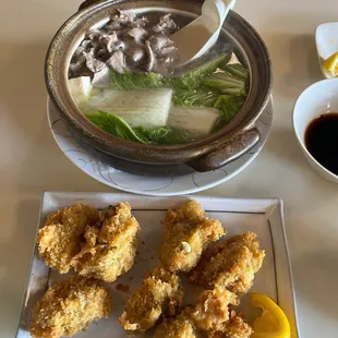 Niku Nabe with freid oysters.