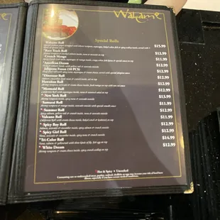 Special rolls in the menu