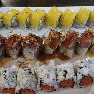 Top to bottom: Hawaiian roll Cowboy roll Spicy tuna