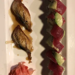 Eel sushi and Racetrack Roll - Shrimp tempura, smoked salmon inside, tuna &amp; avocado on top
