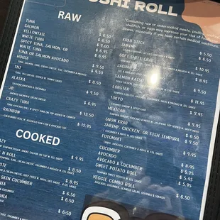 the sushi roll menu