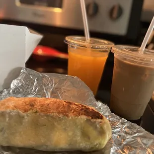 Uncut Bacon burrito and OJ And latte