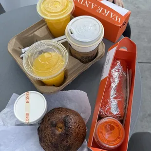 bagel + fresh squeezed OJ + steak breakfast burrito = Heaven
