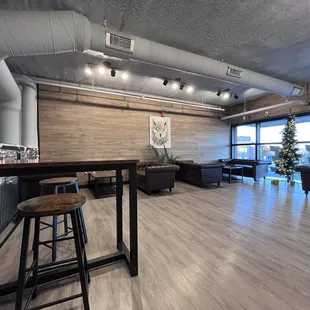 More socially distanced seating upstairs with lots of electrical outlets