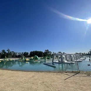 Obstacle course and rentable floating cabanas to the right