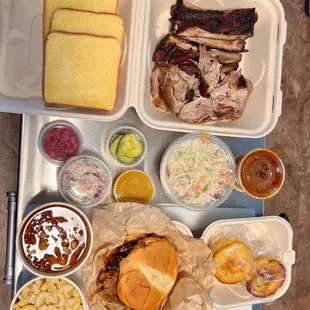 Beefer Sandwich, pulled pork, ribs, beans, Mac n cheese, coleslaw and jalapeño cornbread.