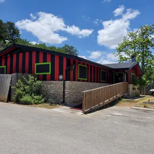 a red and black building