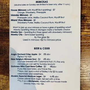 menu for mimosas and beer.