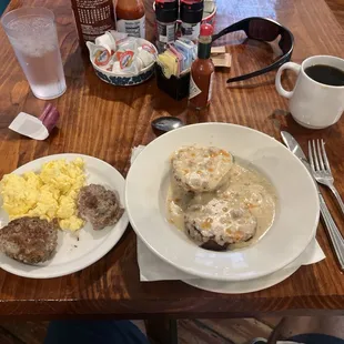 Biscuits and gravy with eggs &amp; sausage.