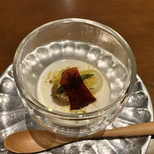 Yellow Peach Panna Cotta, Mochi, Pistachio