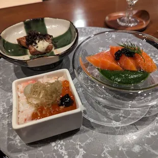 New Zealand king salmon with caviar  “kani “(crab) and “ikura”(salmon roe) sushi  Maple leaf farms duck and truffle
