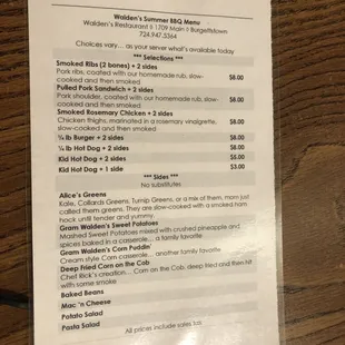 BBQ Menu (available on WEEKENDS)