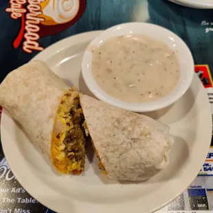 a burrito and a bowl of soup