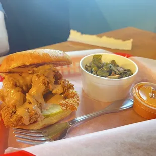 Chicken Tender Chicken Sandwich and collard greens
