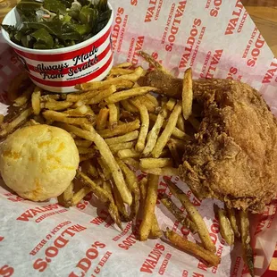 1/4 Fried Chicken Dark meat with fries and collard greens
