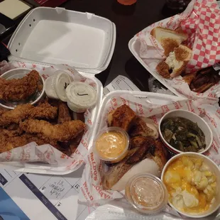 Tenders plate with fries &amp; cucumber salad rotisserie Chicken plate with greens &amp; Mac n cheese Lastly the freebird club