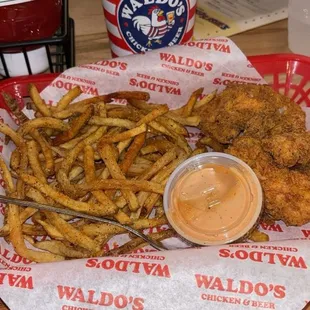 3 piece chicken tenders, fries, tender sauce, fruit tea