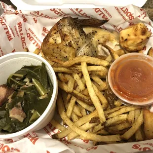 1/4 chicken, greens, and limp fries