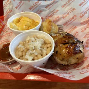 Absolutely the best we&apos;ve had - very tender, very moist, very flavorful 1/4 Fire-Roasted chicken, mac n cheese and excellent white beans.