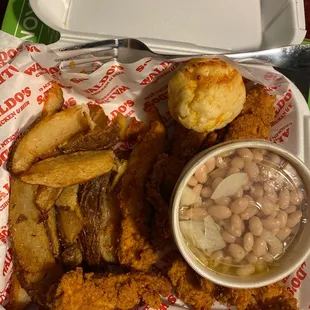 Chicken Tender Plate, Potato Wedges, White Beans, Biscuit