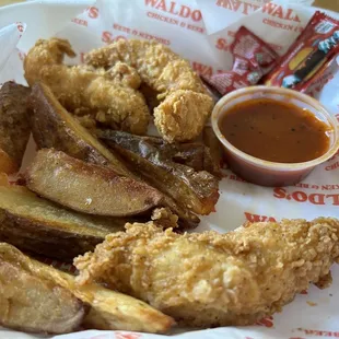 Three Chicken Tenders, Potato Wedges, &amp; Rocket (hit) sauce