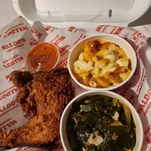 Fried 1/4 Chicken Plate, 1/4 Dark, Collard Greens, Mac &apos;N Cheese, Rooster Sauce