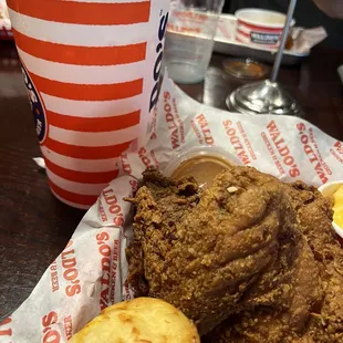 Close up of the chicken, roll, and drink!