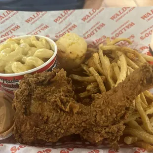 1/4 dark meat chicken with fries and Mac n cheese