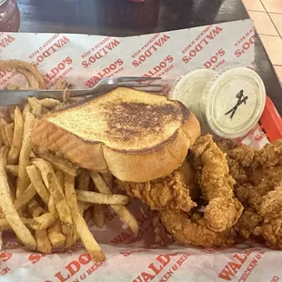 4 piece chicken tender basket with no slaw. Also comes with a drink