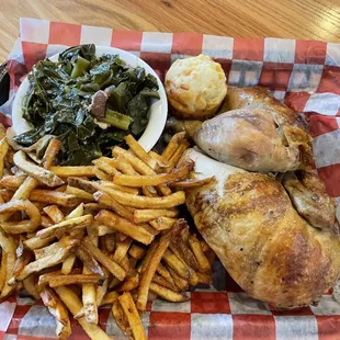 Half rotisserie chicken + fries + turnip greens