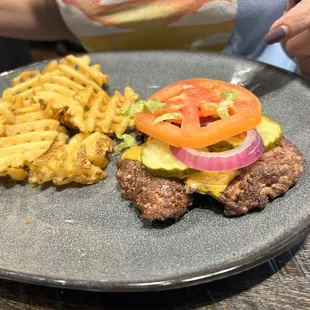 Bunless cheeseburger with waffle fries