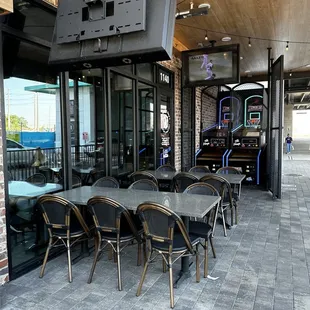 Patio with hoops games.