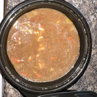 Chicken and shrimp gumbo. But it was missing the chicken, the shrimp and the rice as you can see in the photo it was mostly brown liquid.