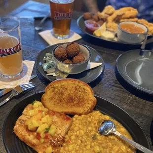 Hush puppies, Louisiana street corn, mango Mahi! Delicious!