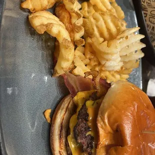 Double bacon cheeseburger an waffle fries