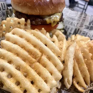 Cheeseburger and Waffle Fries