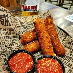 July 2021: Mozzarella Logs @ $10.25-- hand rolled in Panko each morning. EXCELLENT. (Bud Pint $4)