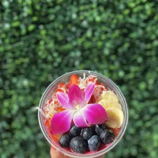 a hand holding a cup of fruit