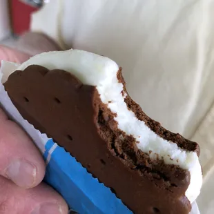 a person holding a chocolate ice cream sandwich
