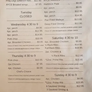 menu for daily supper specials