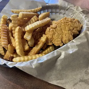 Chicken strips, fries don't forget the homemade ranch dressing.