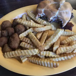 Western burger fries breaded mushrooms