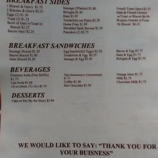 Breakfast menu