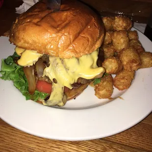 WORKS burger with tater tots!