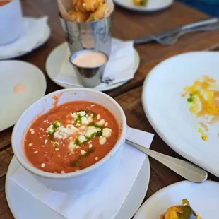 Cheese curds, peach gazpacho, Nashville hot deviled eggs