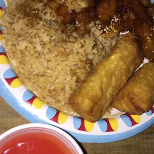 Sesame Chicken, egg rolls, and plain fried rice.  Egg rolls came with sweet and sour sauce. Food was okay..