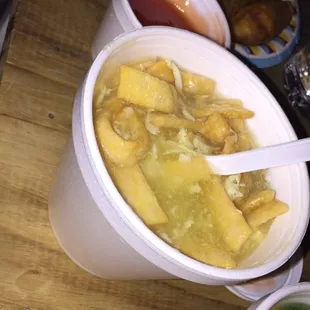 Egg drop soup which came with thin crispy wontons